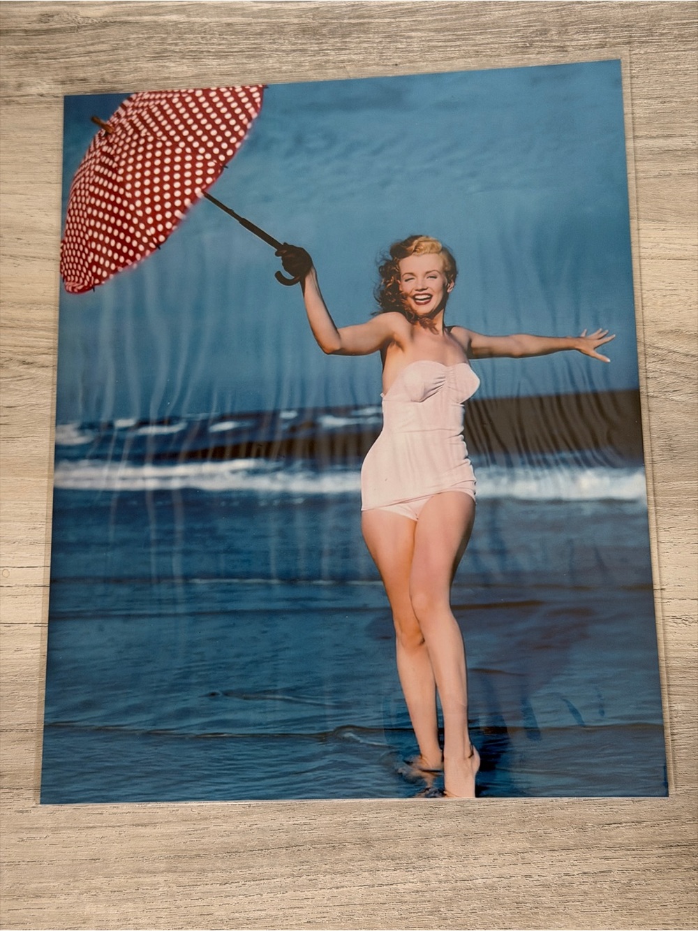 Marilyn Monroe Polka dot umbrella white bathing suit 50s color photo 8x10
